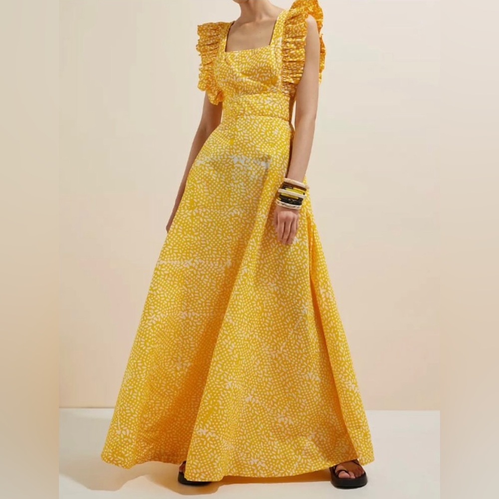 SIKA x Anthropologie Marigold Yellow White Ruffled Sleeve Maxi Dress